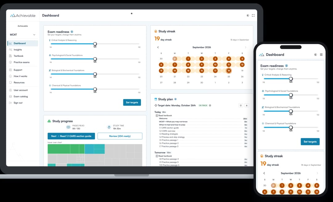 Screenshot of the Achievable MCAT course dashboard
