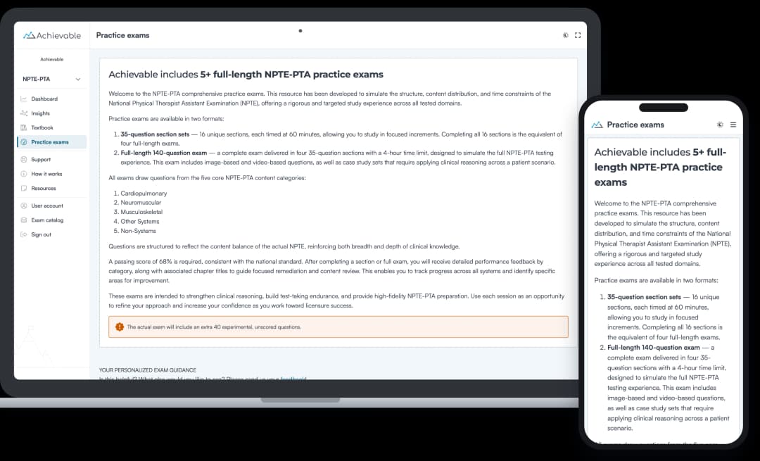 Screenshot of an Achievable NPTE-PTA full-length practice exam
