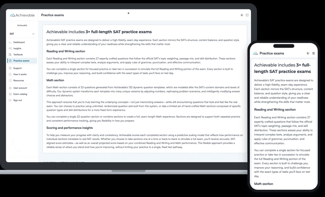 Screenshot of an Achievable SAT full-length practice exam