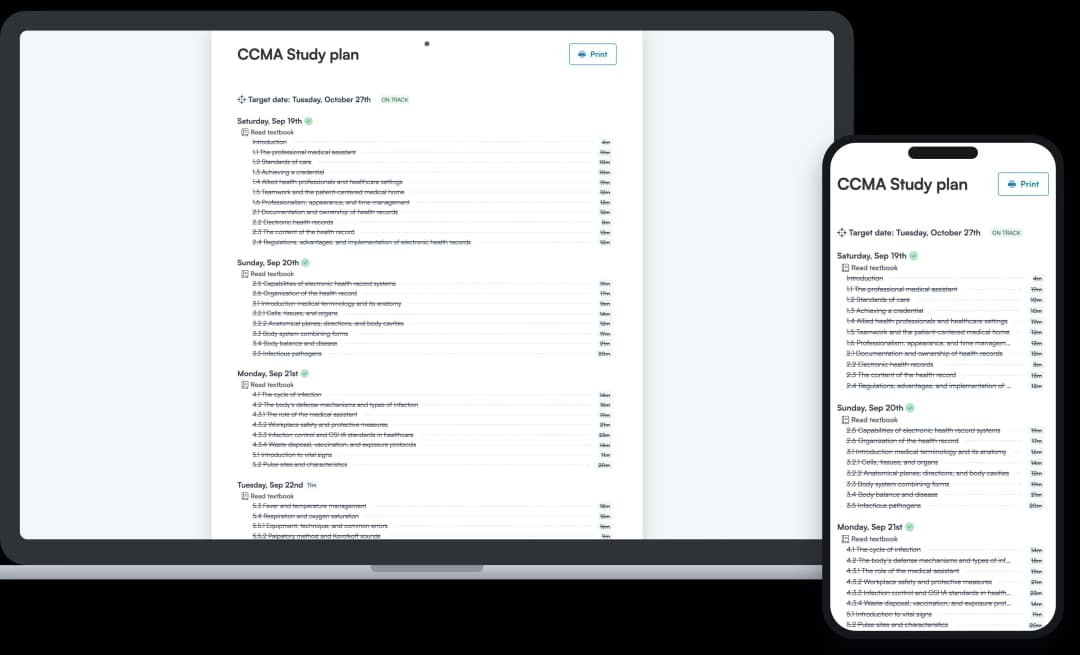 Screenshot of an Achievable CCMA study plan