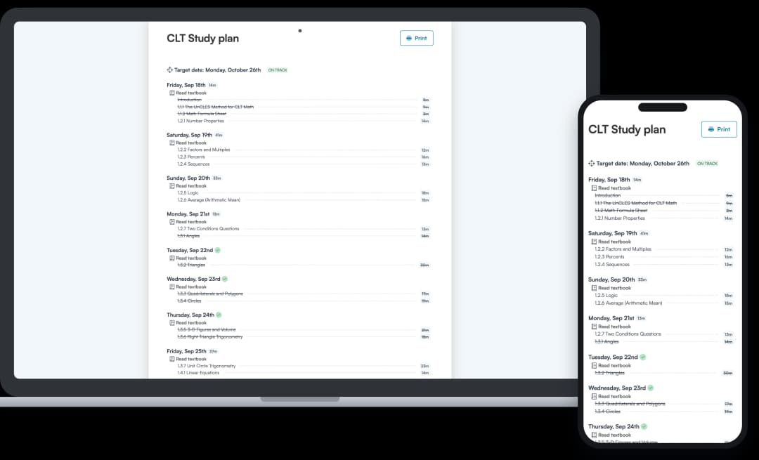 Screenshot of an Achievable CLT study plan