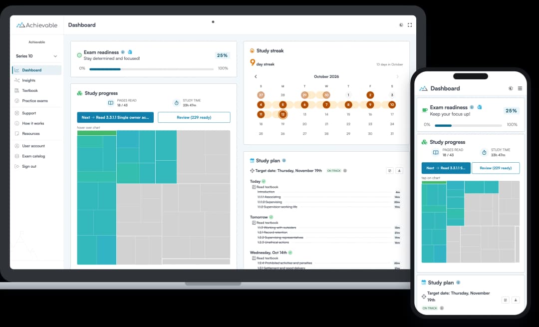Screenshot of the Achievable FINRA Series 10 course dashboard