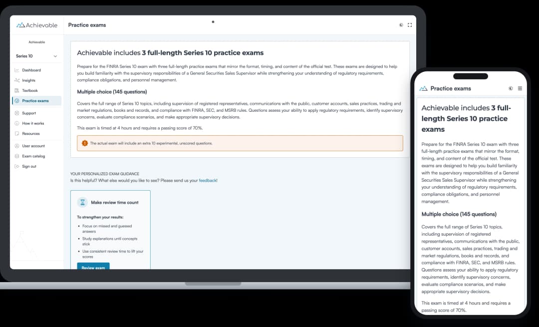 Screenshot of an Achievable FINRA Series 10 full-length practice exam