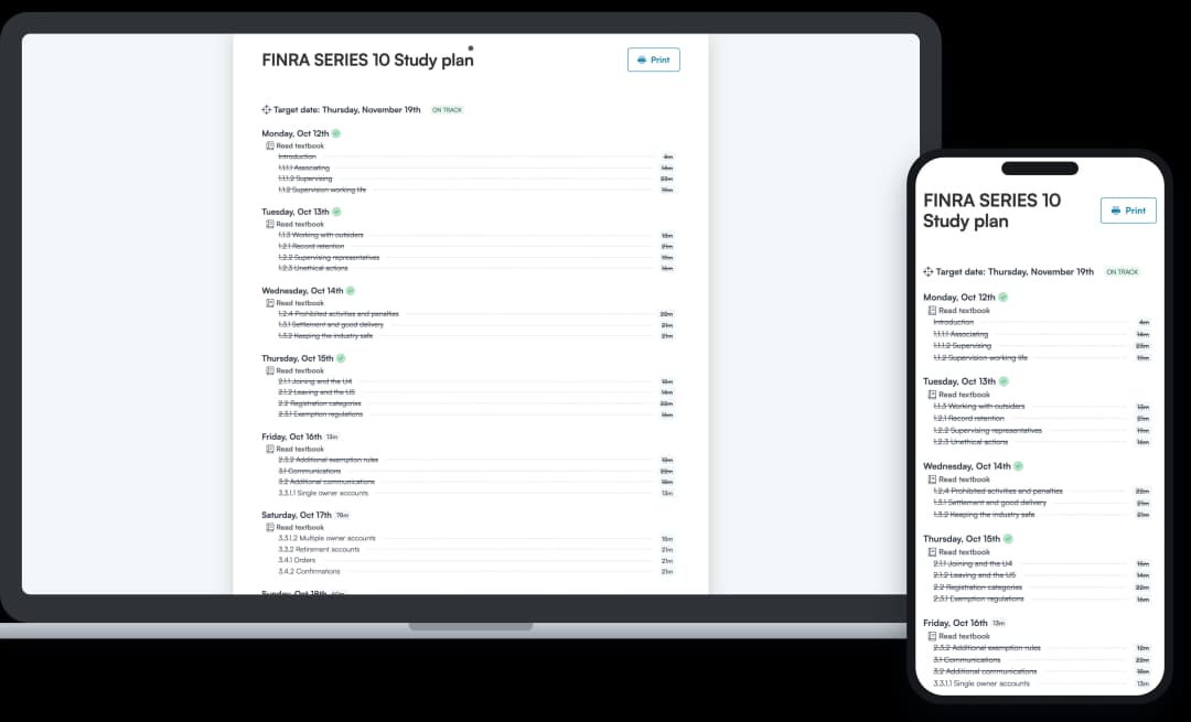 Screenshot of an Achievable FINRA Series 10 study plan