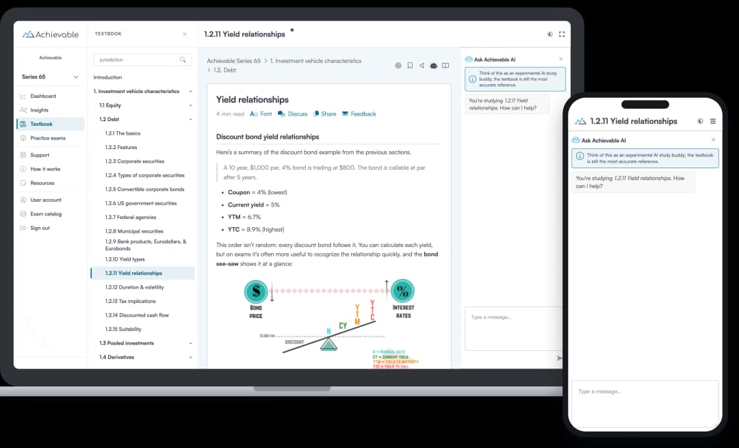 Screenshot of Ask Achievable AI answering a question in the FINRA Series 65 course