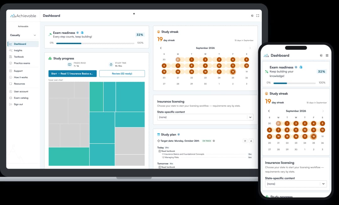 Screenshot of the Achievable Casualty insurance licensing course dashboard