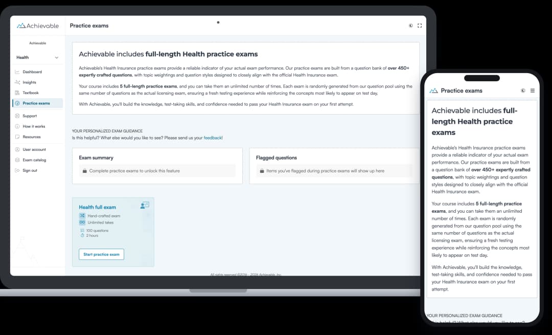Screenshot of an Achievable Health insurance licensing full-length practice exam