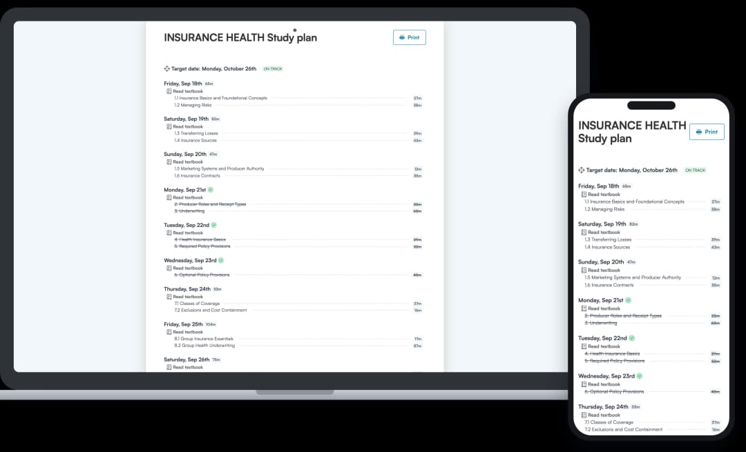 Screenshot of an Achievable Health insurance licensing study plan