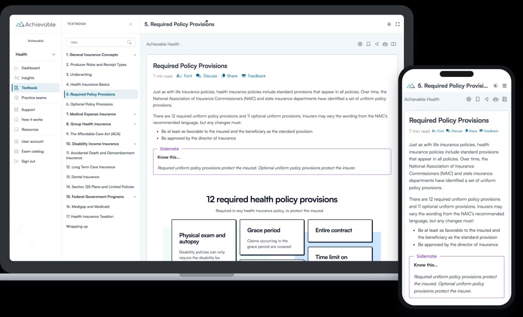 Screenshot of the Achievable Health insurance licensing online textbook