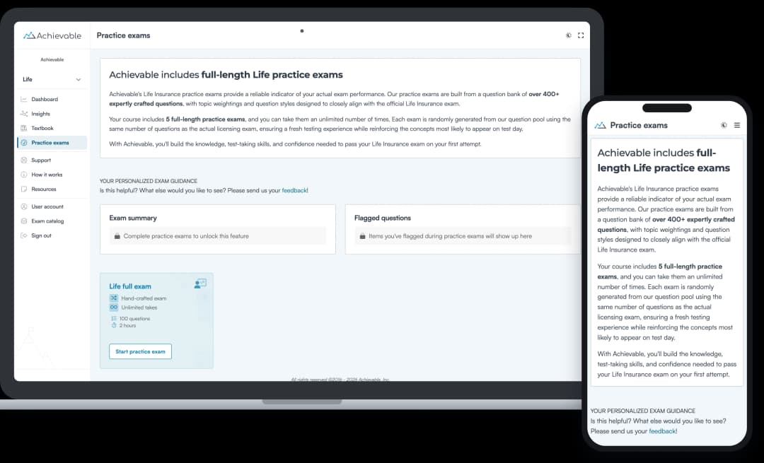 Screenshot of an Achievable Life insurance licensing full-length practice exam