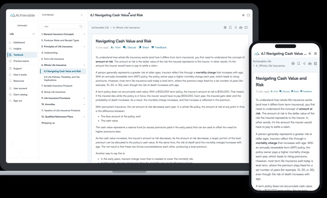 Screenshot of the Achievable Life insurance licensing online textbook