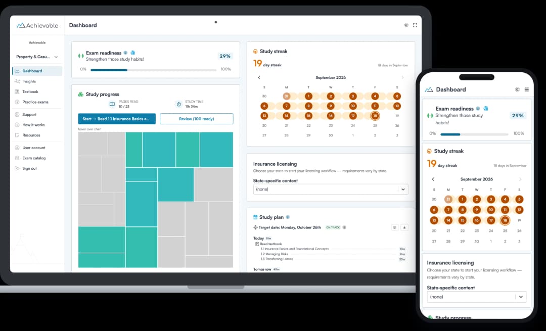 Screenshot of the Achievable Property & Casualty insurance licensing course dashboard