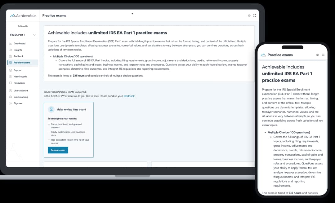 Screenshot of an Achievable IRS EA Part 1 full-length practice exam