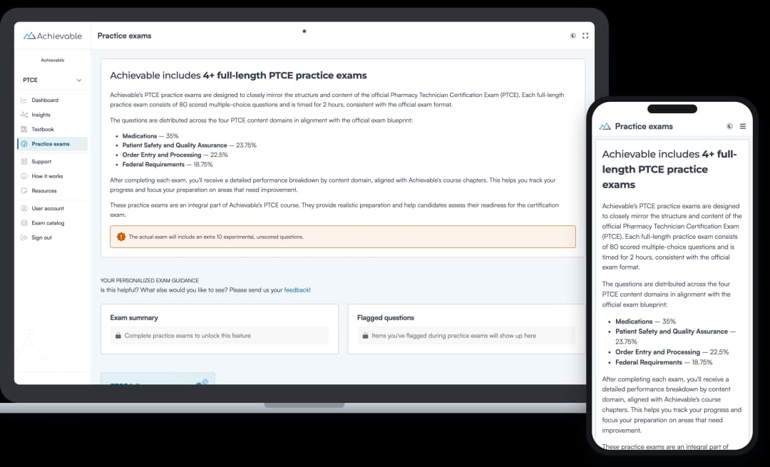 Screenshot of an Achievable PTCE full-length practice exam