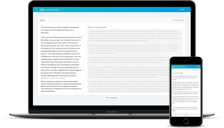 Achievable GRE essay writing UI shown on laptop and smartphone